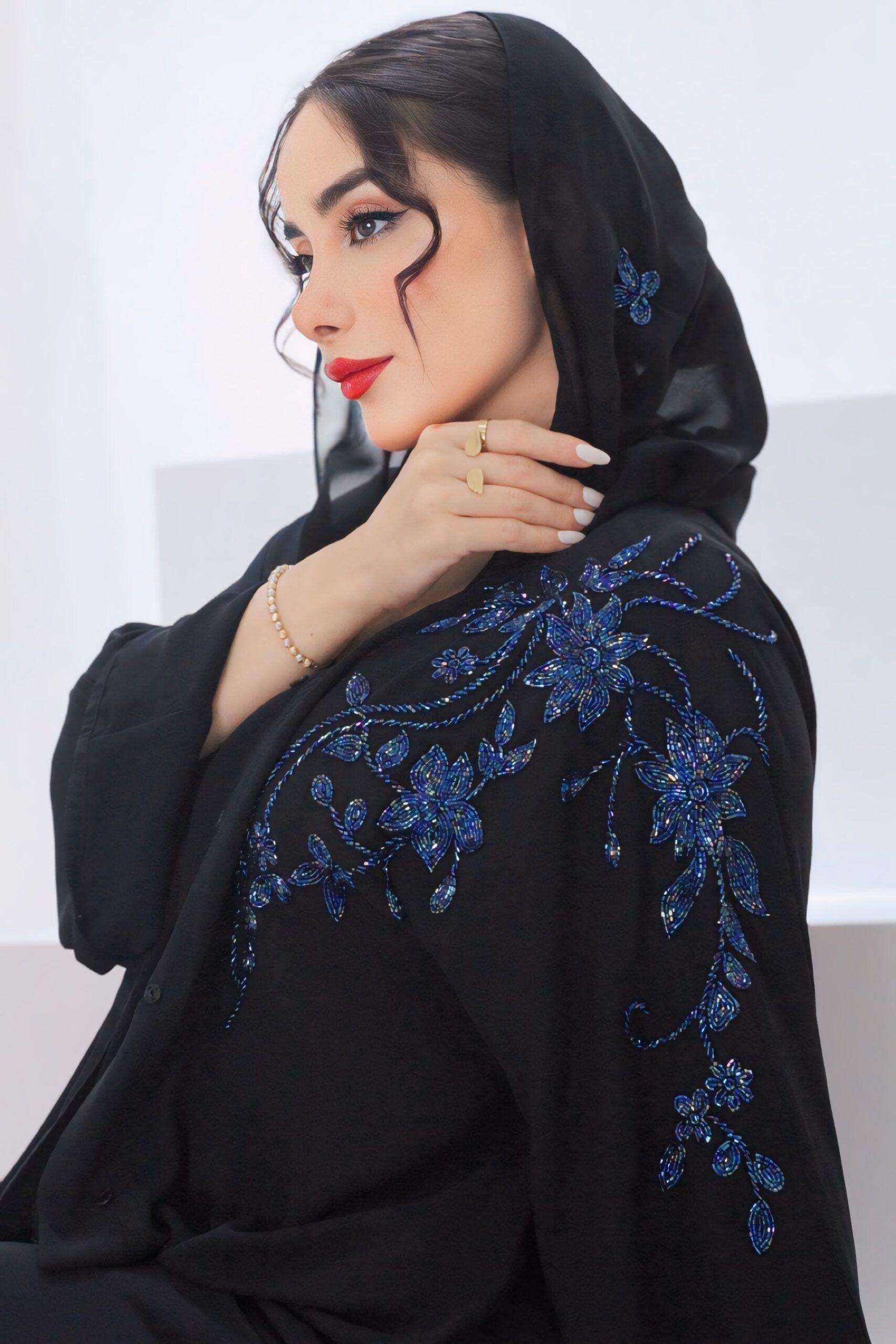 One-Side Beaded Double Chiffon Abaya